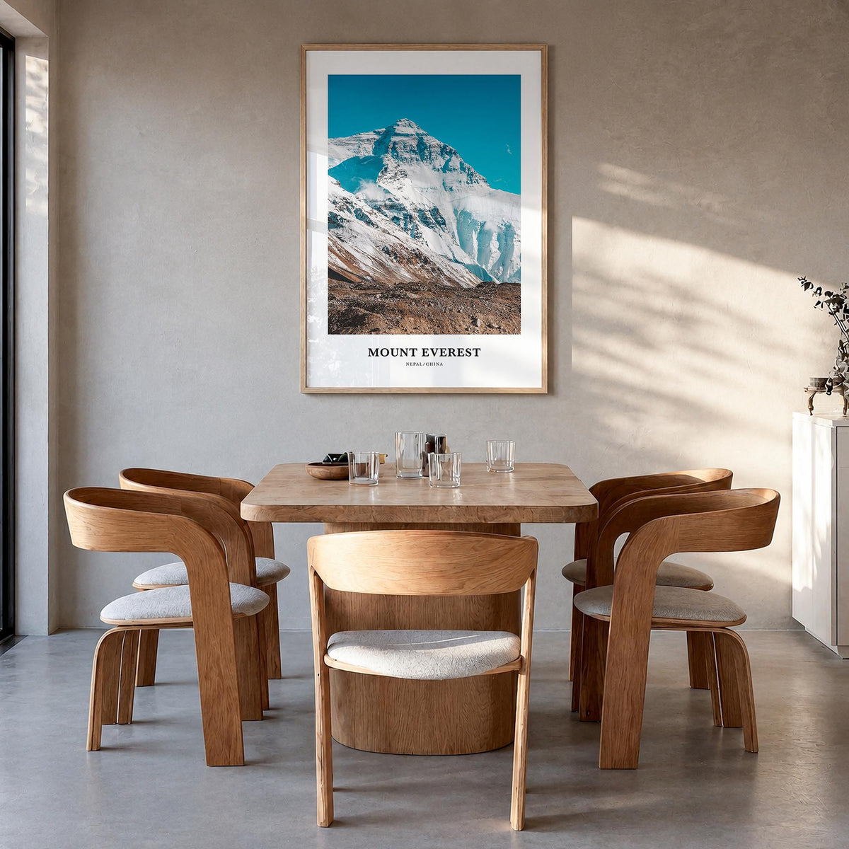 Mount Everest colorful classic poster of Nepal & China – vertical wall art in natural wood frame, hanging on wall