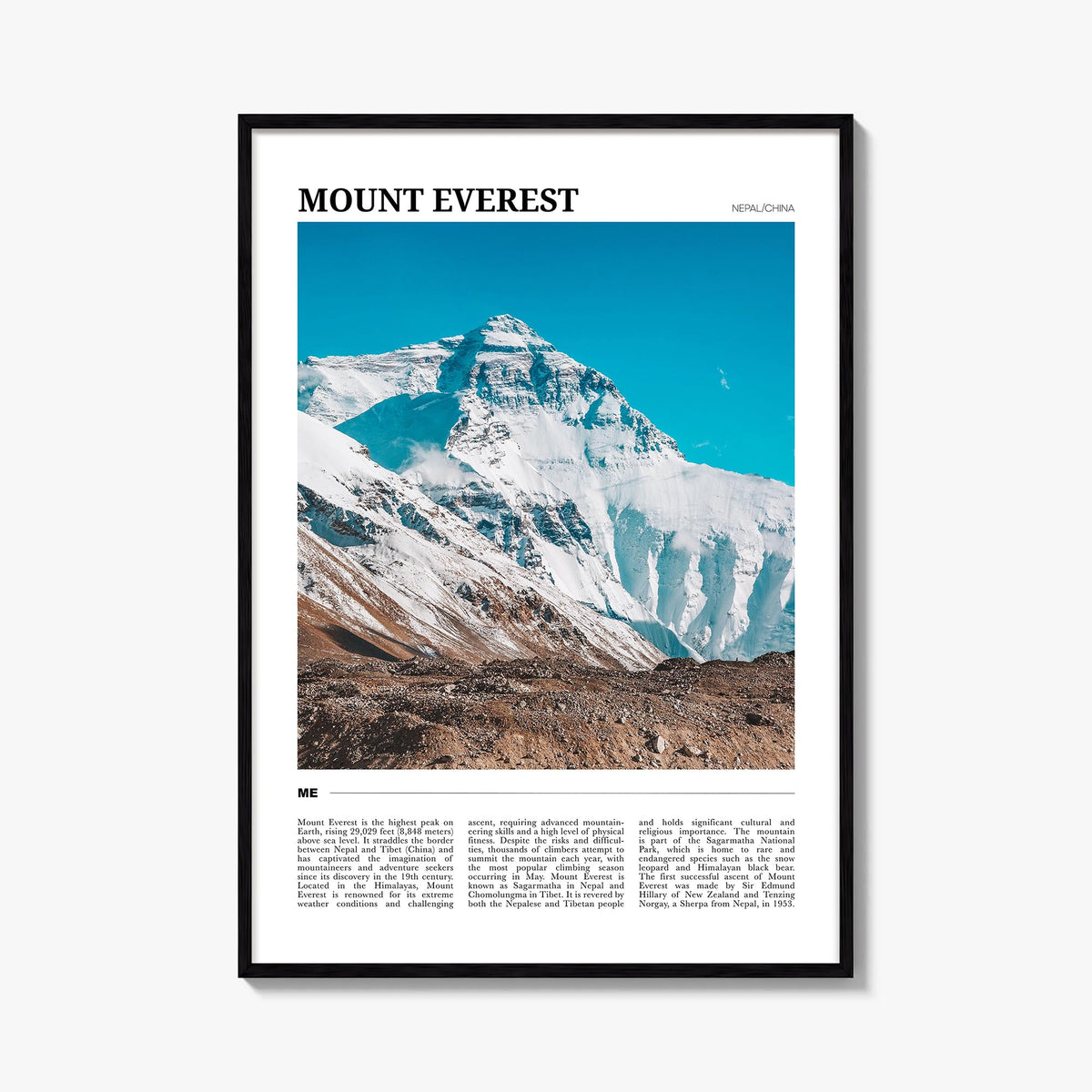 Mount Everest colorful travel poster of Nepal & China – vertical wall art, unframed print shown in interior mockup