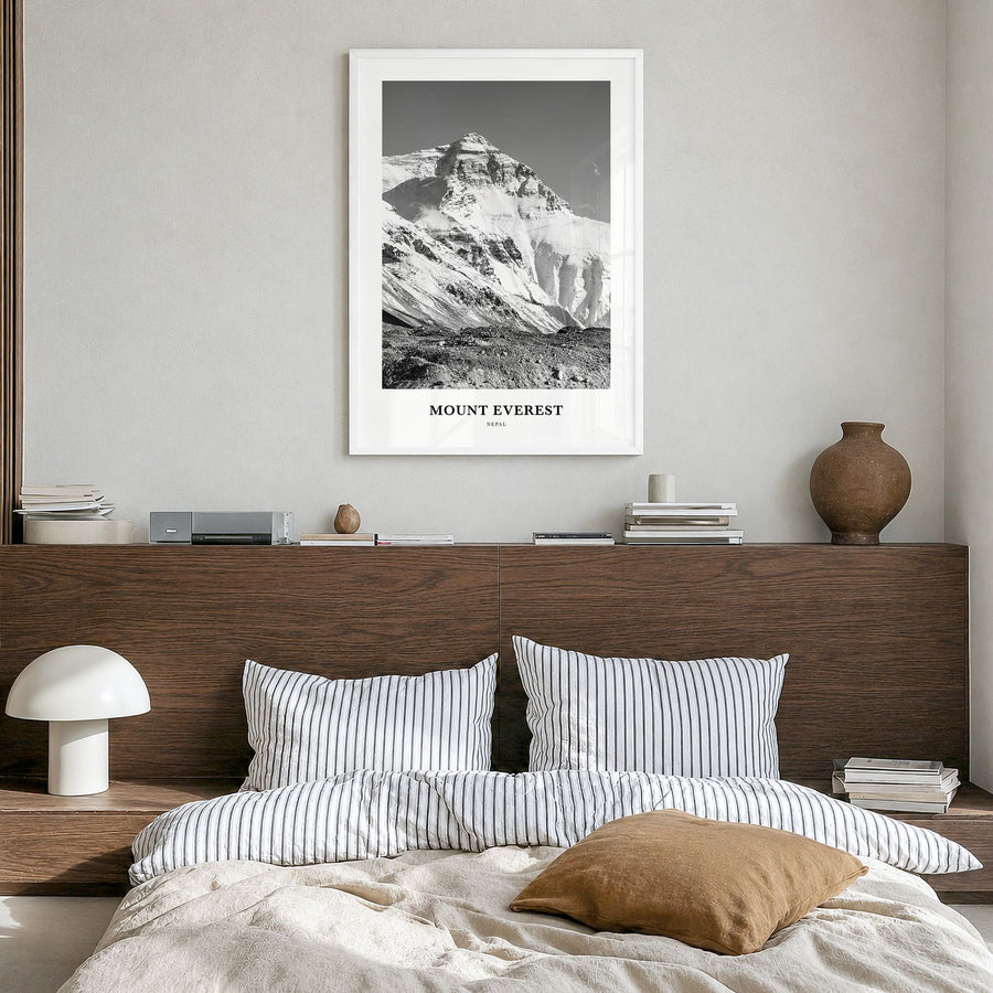 Mount Everest Classic Poster in a white wood frame, hanging in a bedroom