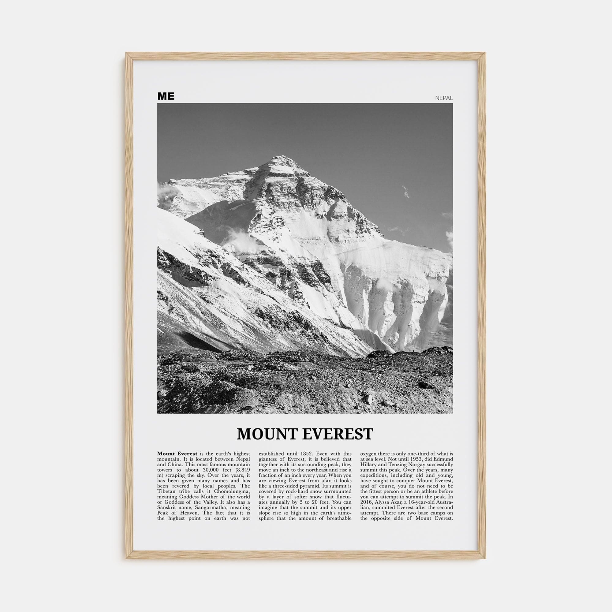 Mount Everest Poster Natural Wood / 8x12 in Nbourhood Travel B&W Poster