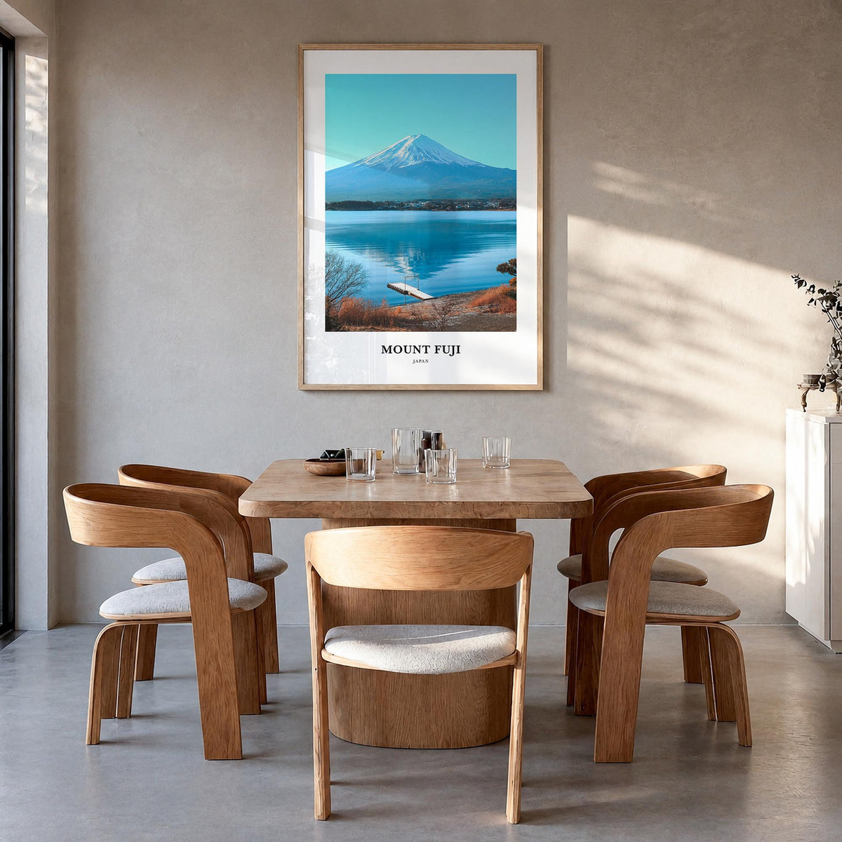 Mount Fuji colorful classic poster of Japan – vertical wall art in natural wood frame, hanging on wall