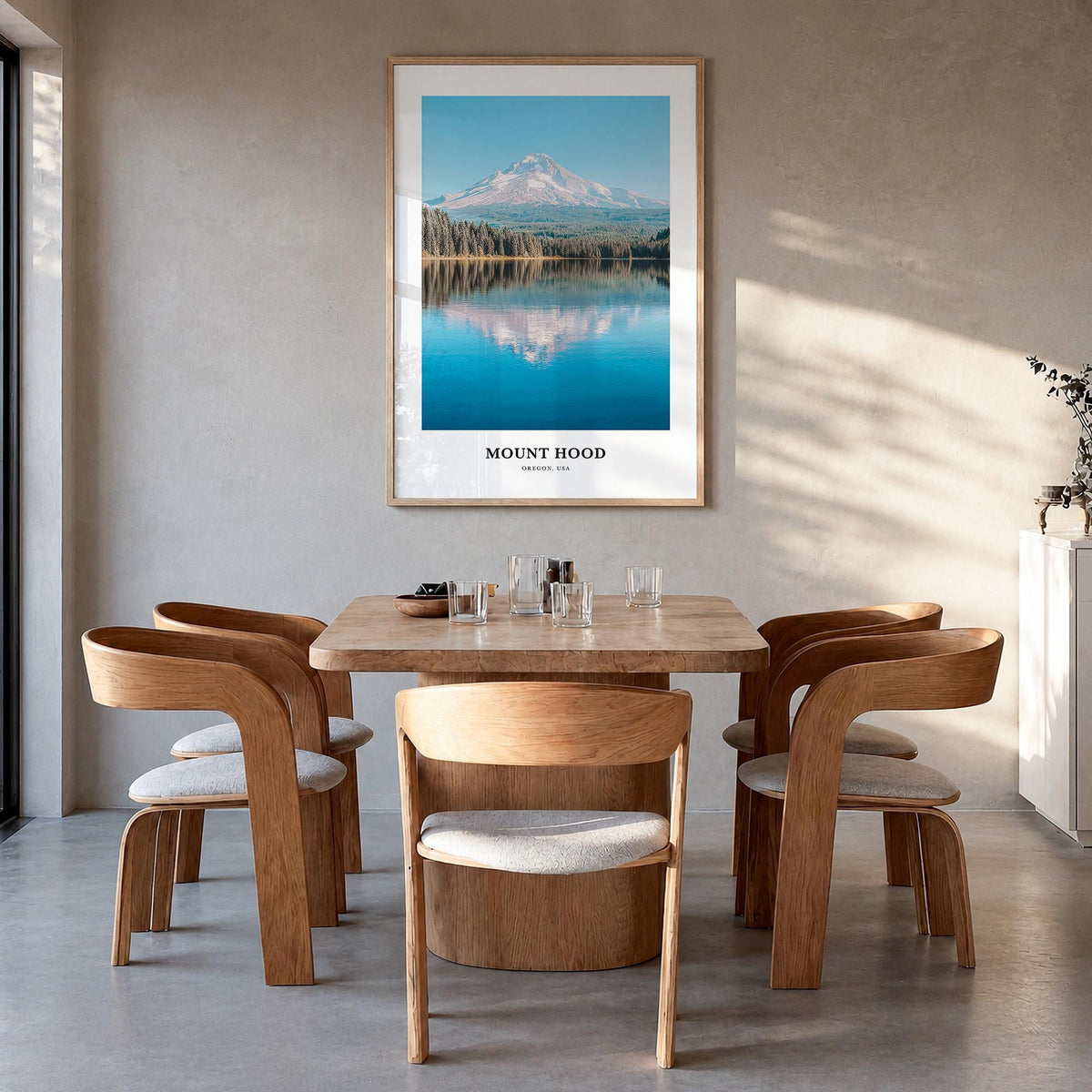 Mount Hood colorful classic poster of Oregon, USA – vertical wall art in natural wood frame, hanging on wall