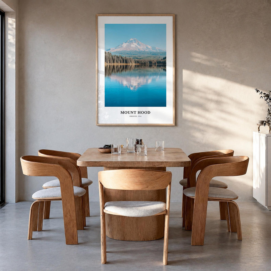 Mount Hood colorful classic poster of Oregon, USA – vertical wall art in natural wood frame, hanging on wall