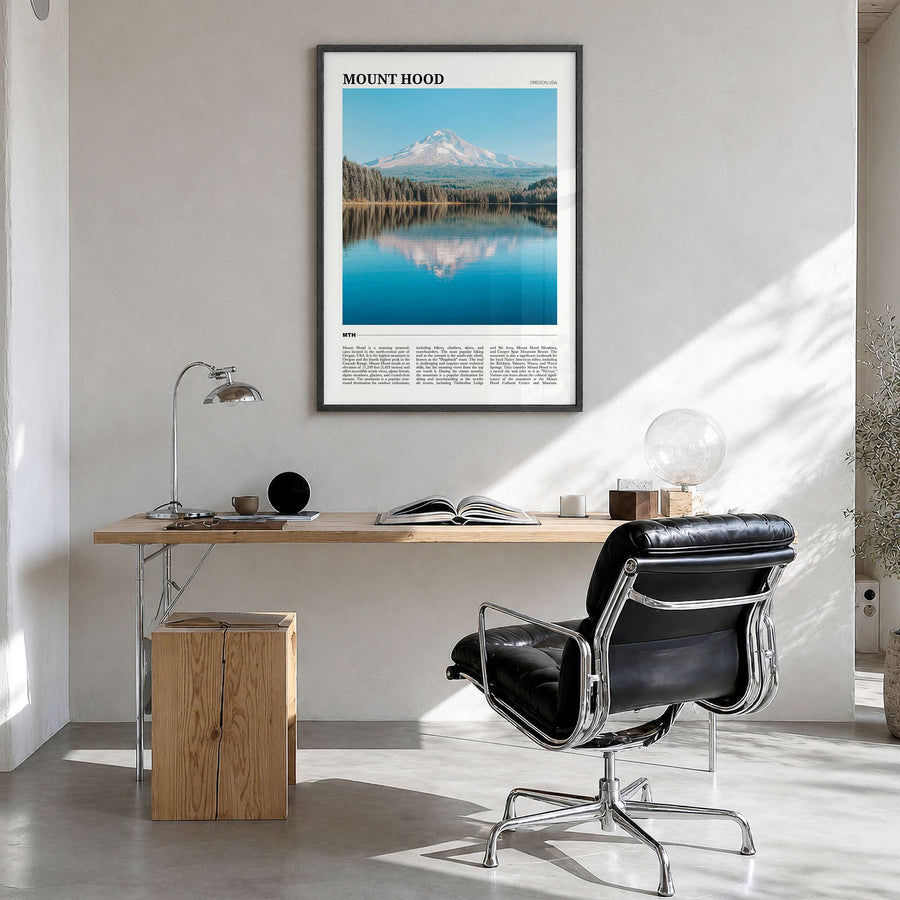 Mount Hood Travel Poster in a black wood frame, hanging in a bright home office