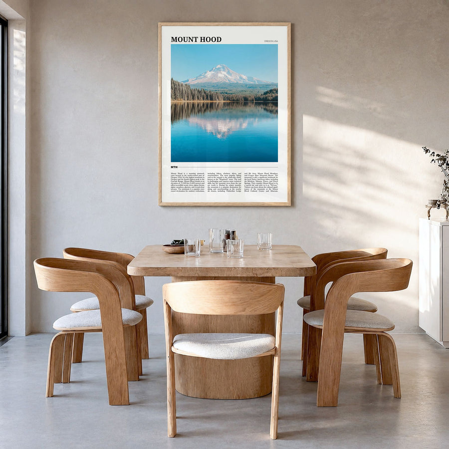 Mount Hood Travel Poster in a natural wood frame, hanging in a dining room