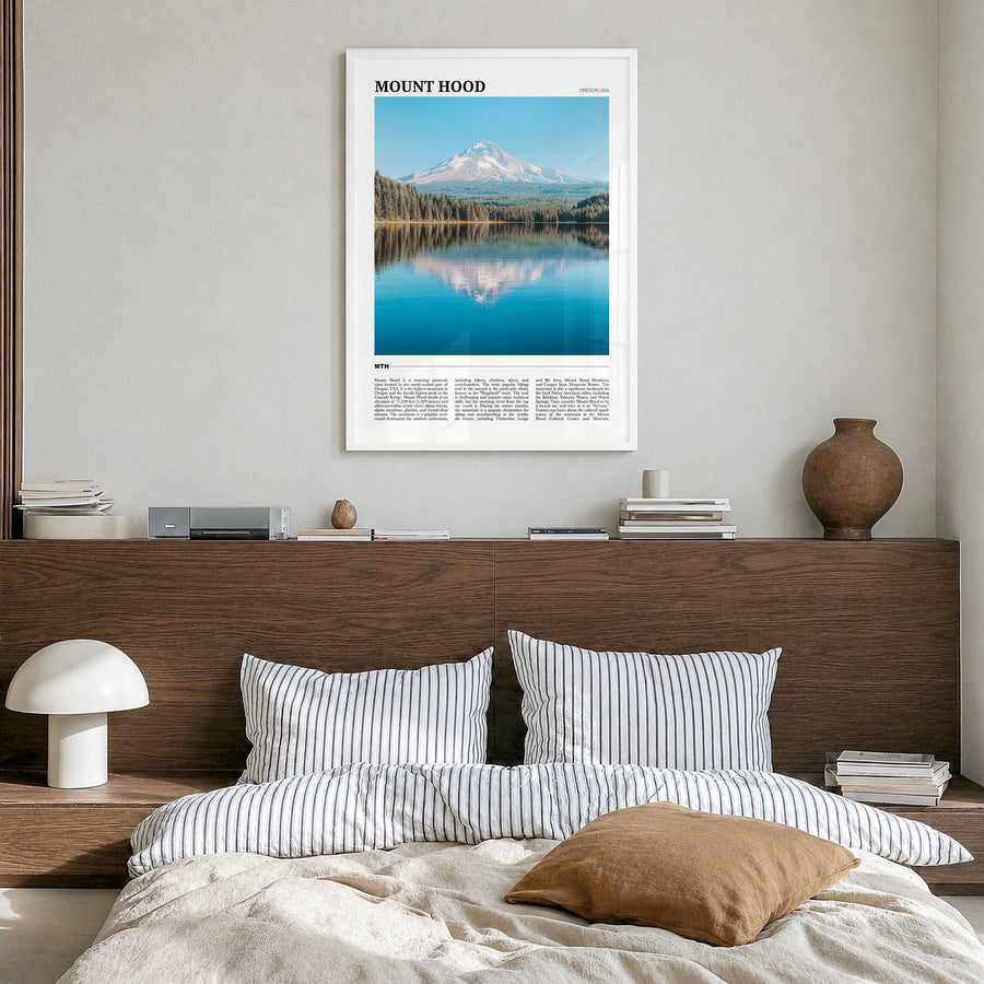 Mount Hood Travel Poster in a white wood frame, hanging in a bedroom