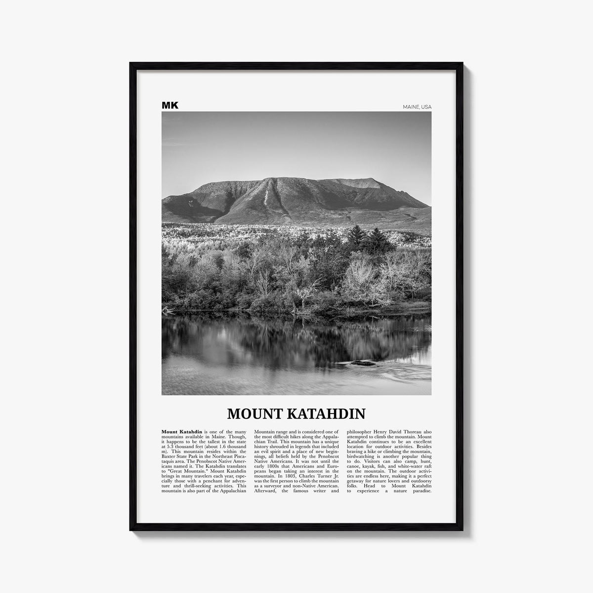 Mount Katahdin black & white newspaper poster of Maine, USA – vertical wall art, unframed print shown in interior mockup