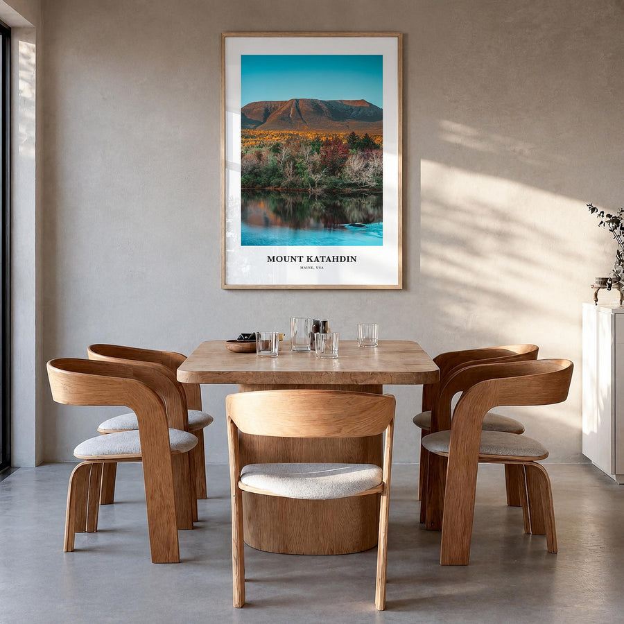 Mount Katahdin colorful classic poster of Maine, USA – vertical wall art in natural wood frame, hanging on wall