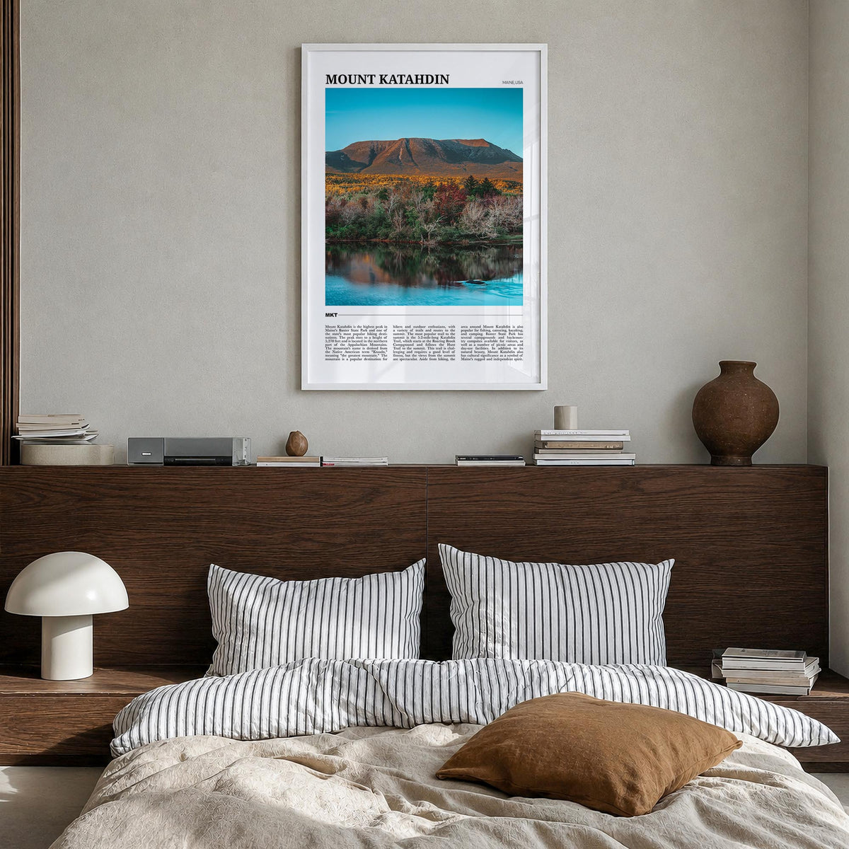 Mount Katahdin colorful travel poster of Maine, USA – vertical wall art in white wood frame, hanging on wall