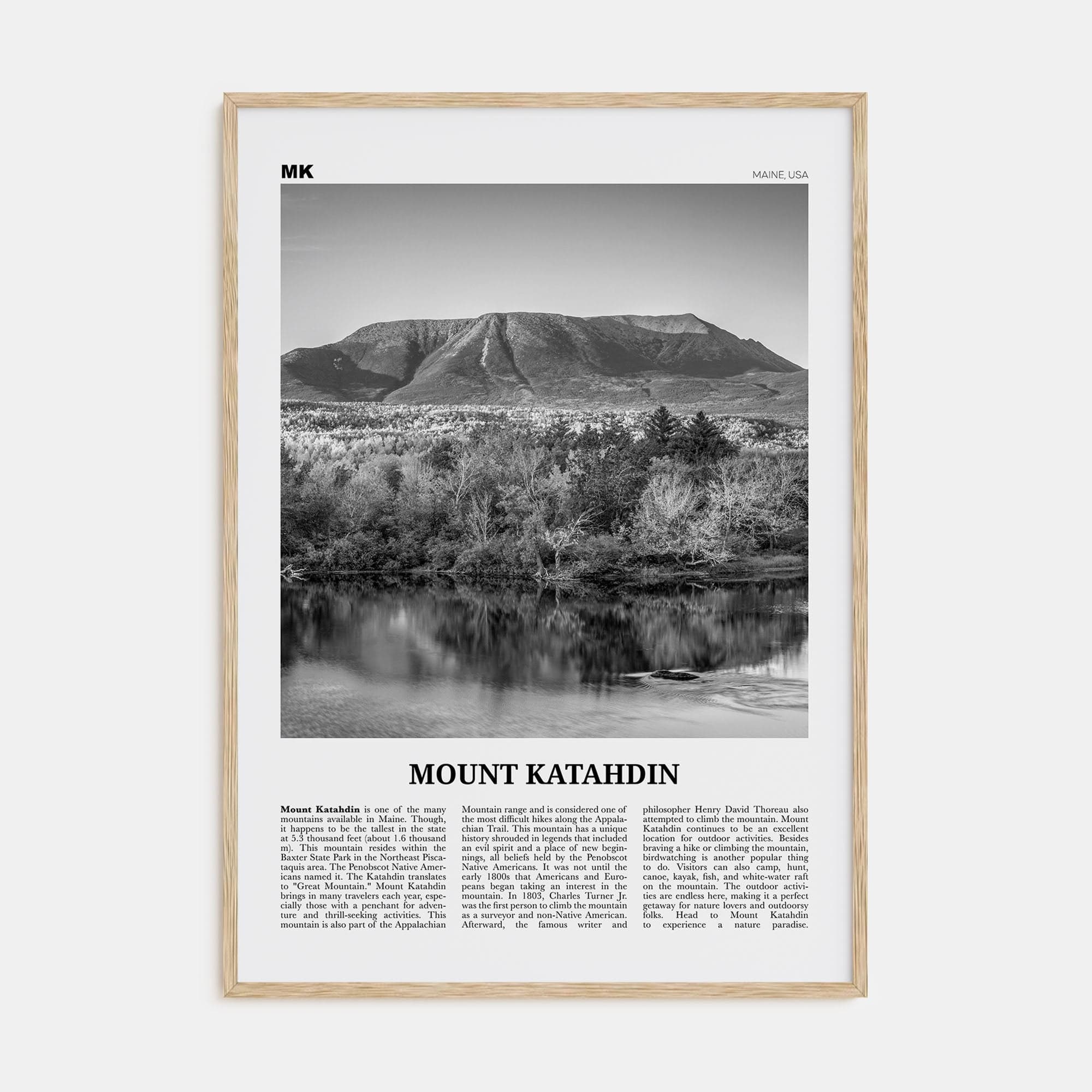 Mount Katahdin Poster Natural Wood / 8x12 in Nbourhood Travel B&W Poster