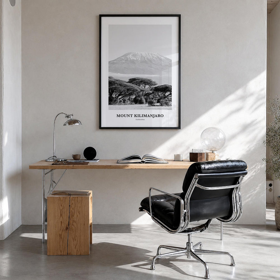 Mount Kilimanjaro black & white classic poster of Tanzania – vertical wall art in black wood frame, hanging on wall