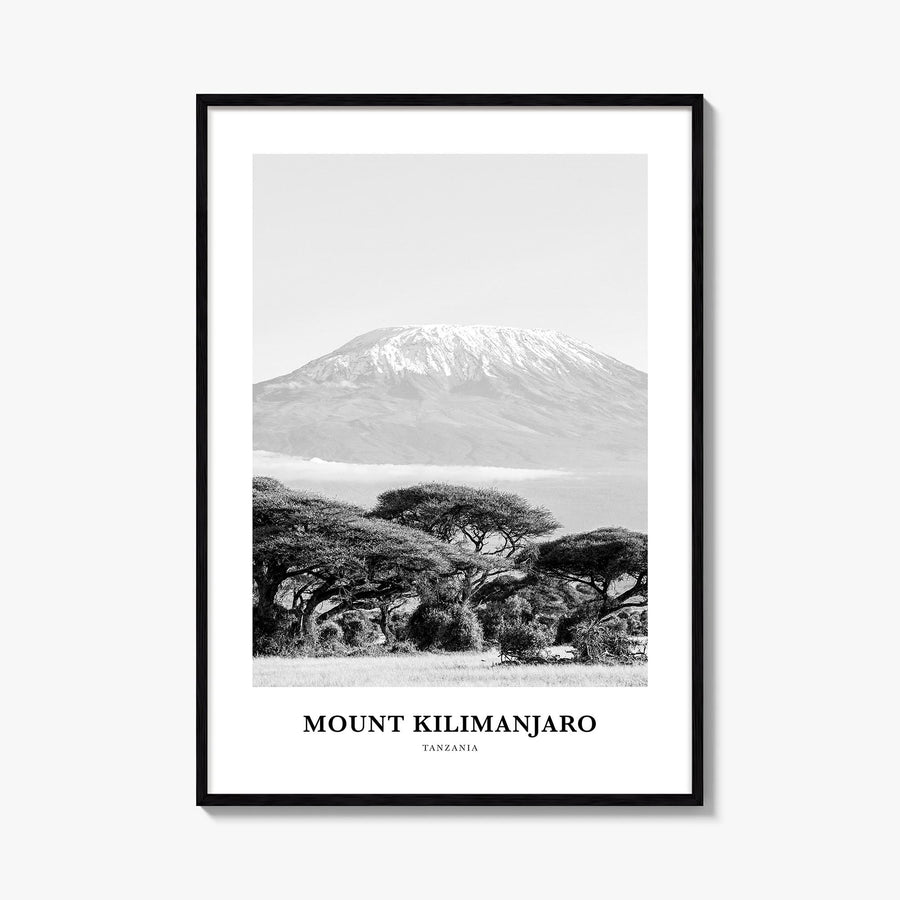 Mount Kilimanjaro black & white classic poster of Tanzania – vertical wall art, unframed print shown in interior mockup
