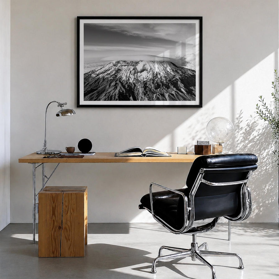 Mount Kilimanjaro black & white photo poster of Tanzania – horizontal wall art in black wood frame with white border, hanging
