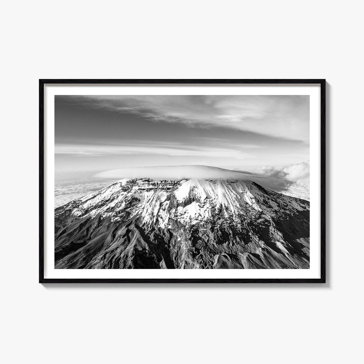 Mount Kilimanjaro black & white photo poster of Tanzania – horizontal wall art, unframed print shown in interior mockup