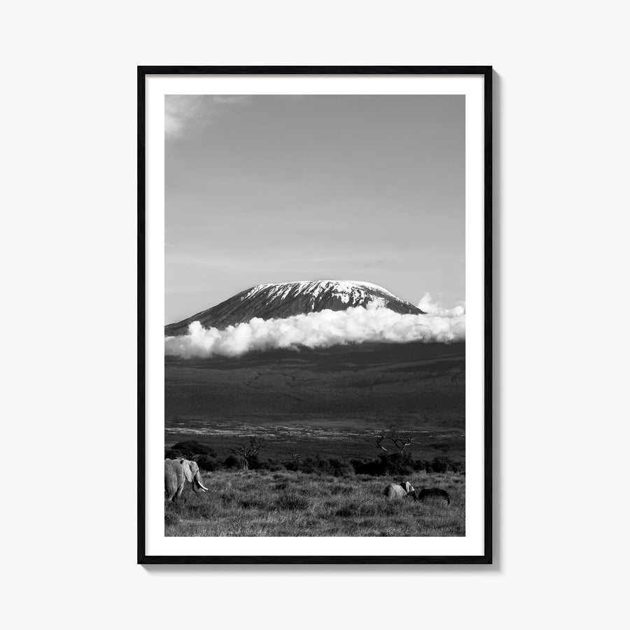 Mount Kilimanjaro black & white photo poster of Tanzania – vertical wall art, unframed print shown in interior mockup