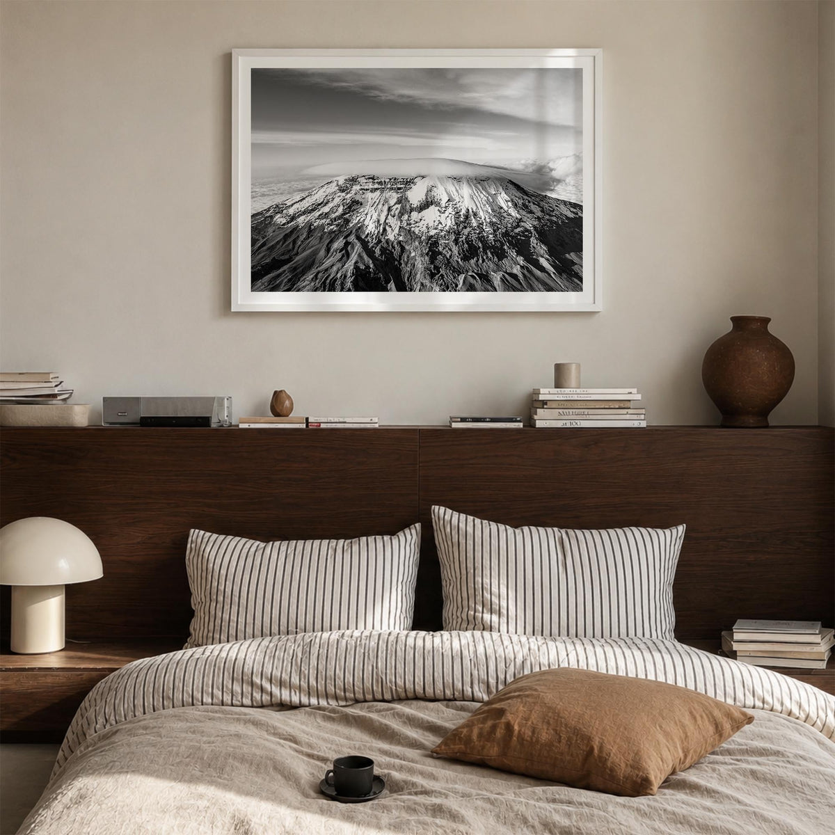 Mount Kilimanjaro black & white photo poster of Tanzania – horizontal wall art in white wood frame with white border, hanging