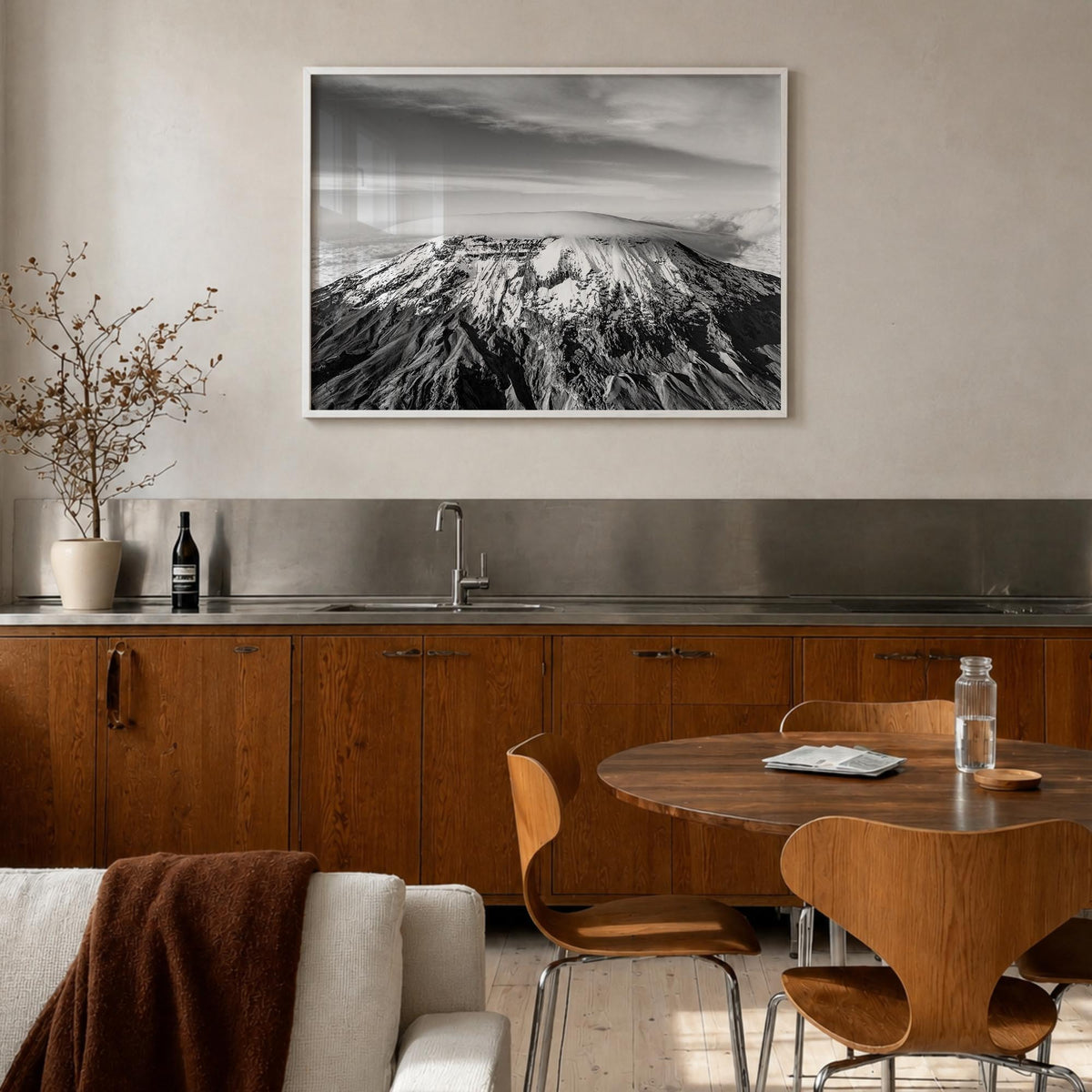 Mount Kilimanjaro black & white photo poster of Tanzania – horizontal wall art in white wood frame, hanging on wall