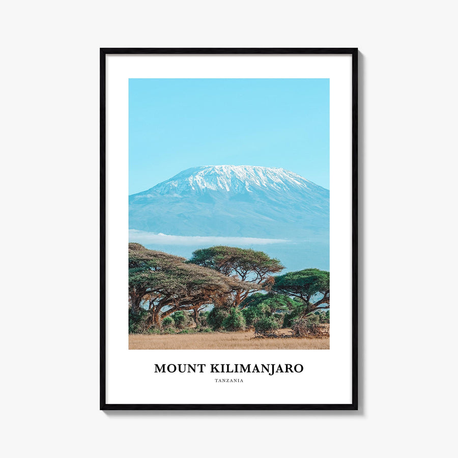 Mount Kilimanjaro colorful classic poster of Tanzania – vertical wall art, unframed print shown in interior mockup
