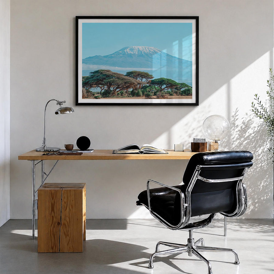 Mount Kilimanjaro colorful photo poster of Tanzania – horizontal wall art in black wood frame with white border, hanging on w