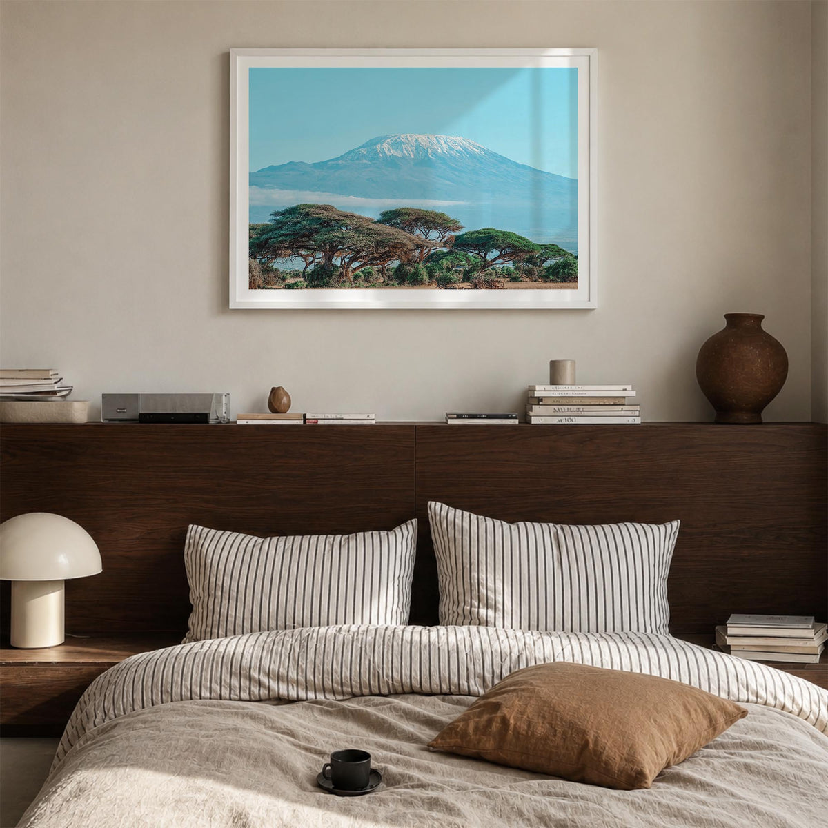 Mount Kilimanjaro colorful photo poster of Tanzania – horizontal wall art in white wood frame with white border, hanging on w