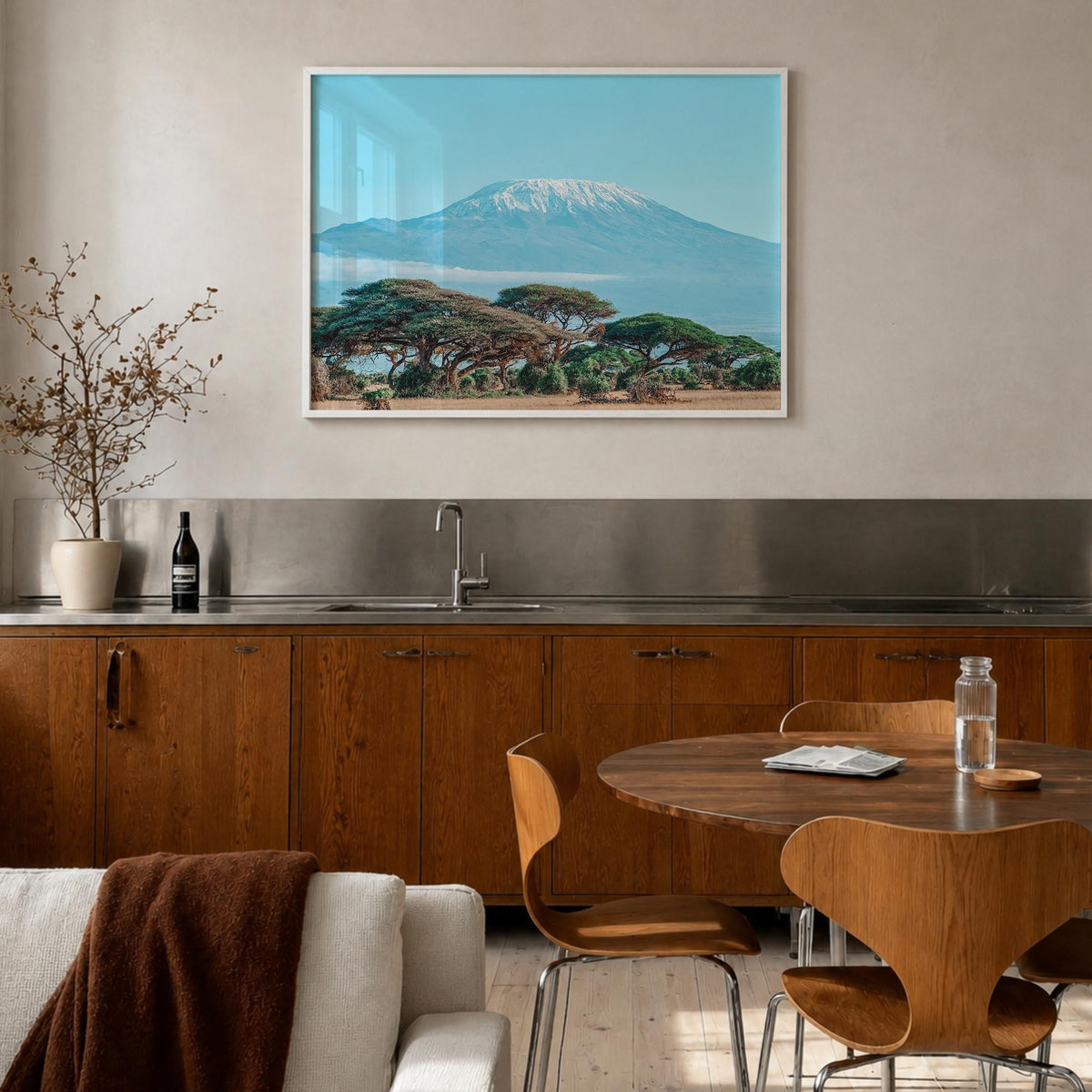 Mount Kilimanjaro colorful photo poster of Tanzania – horizontal wall art in white wood frame, hanging on wall