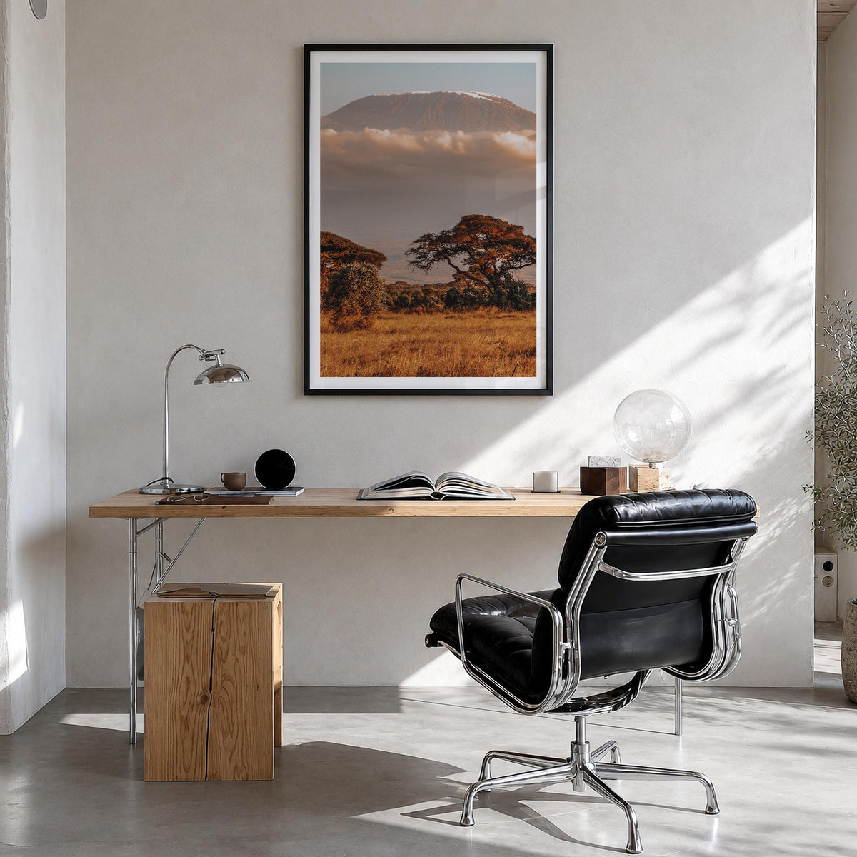 Mount Kilimanjaro no. 1 colorful photo poster of Tanzania – vertical wall art in black wood frame with white border, hanging 