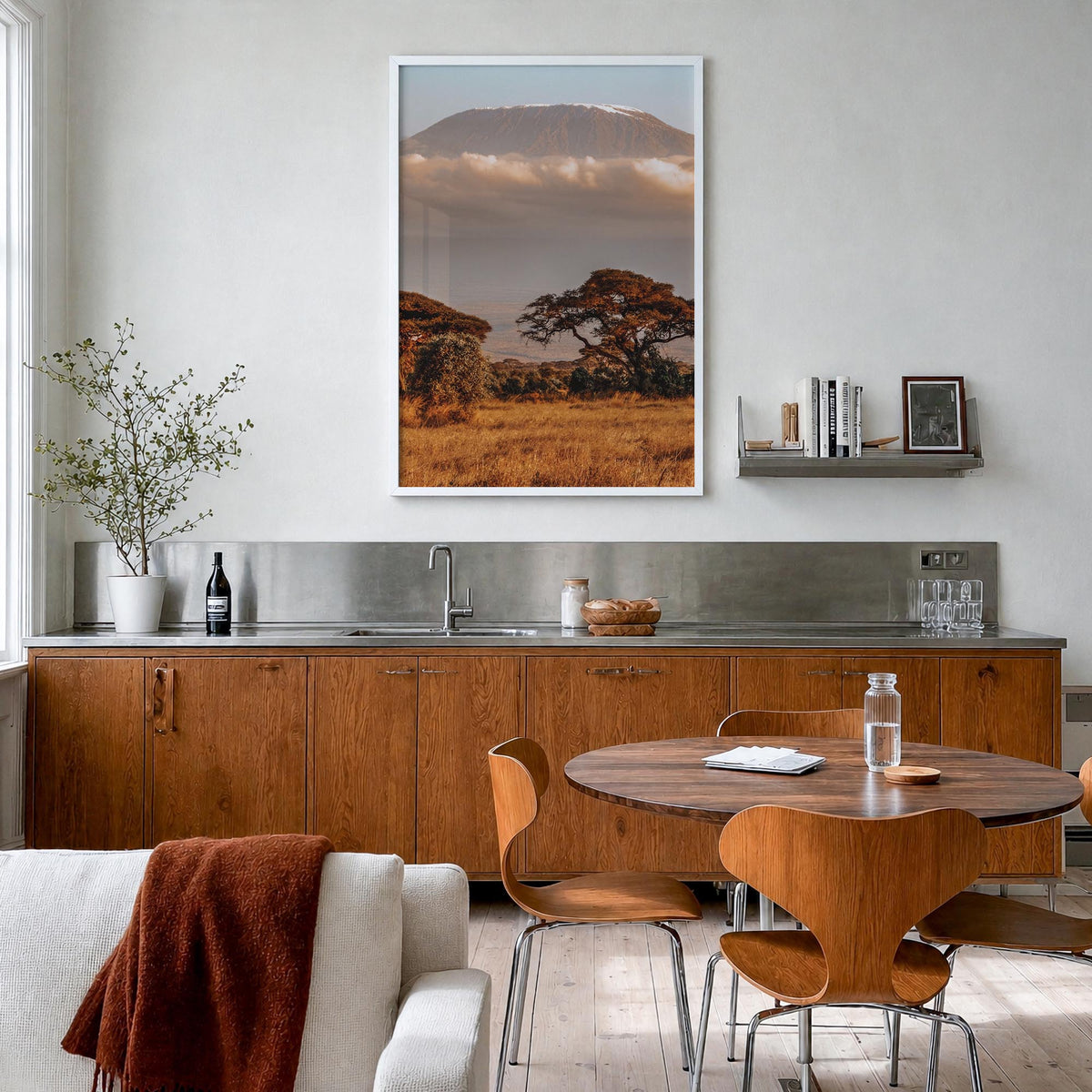 Mount Kilimanjaro no. 1 colorful photo poster of Tanzania – vertical wall art in white wood frame, hanging on wall