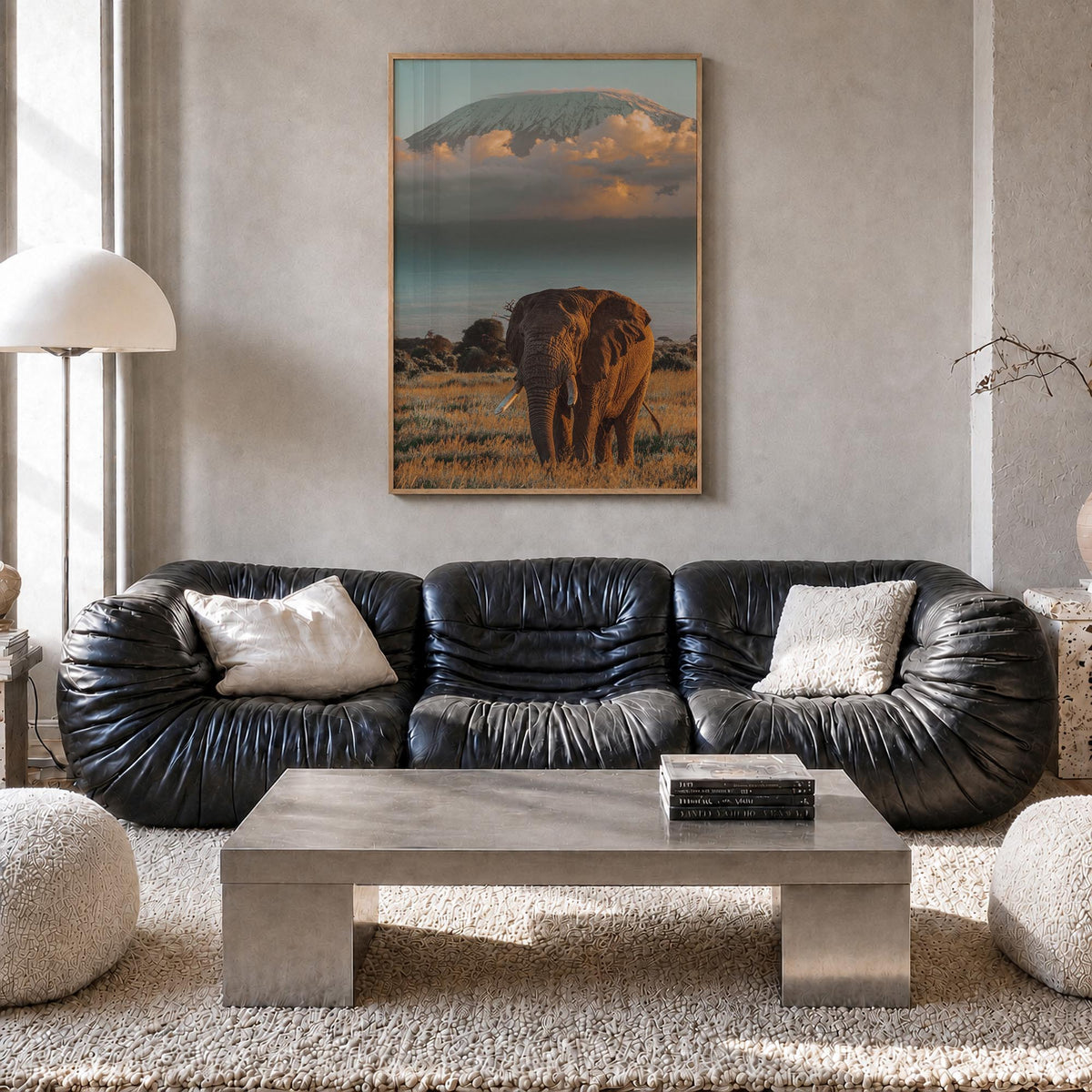 Mount Kilimanjaro no. 2 colorful photo poster of Tanzania – vertical wall art in natural wood frame, hanging on wall