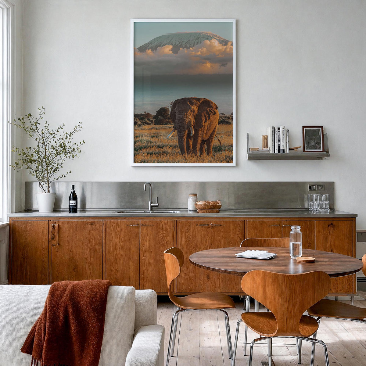 Mount Kilimanjaro no. 2 colorful photo poster of Tanzania – vertical wall art in white wood frame, hanging on wall