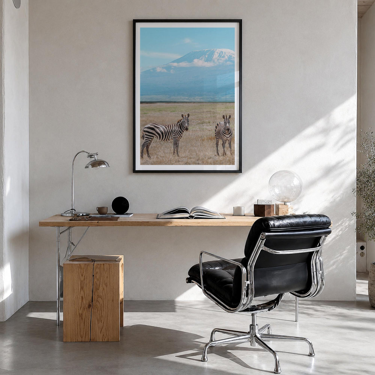 Mount Kilimanjaro no. 3 colorful photo poster of Tanzania – vertical wall art in black wood frame with white border, hanging 