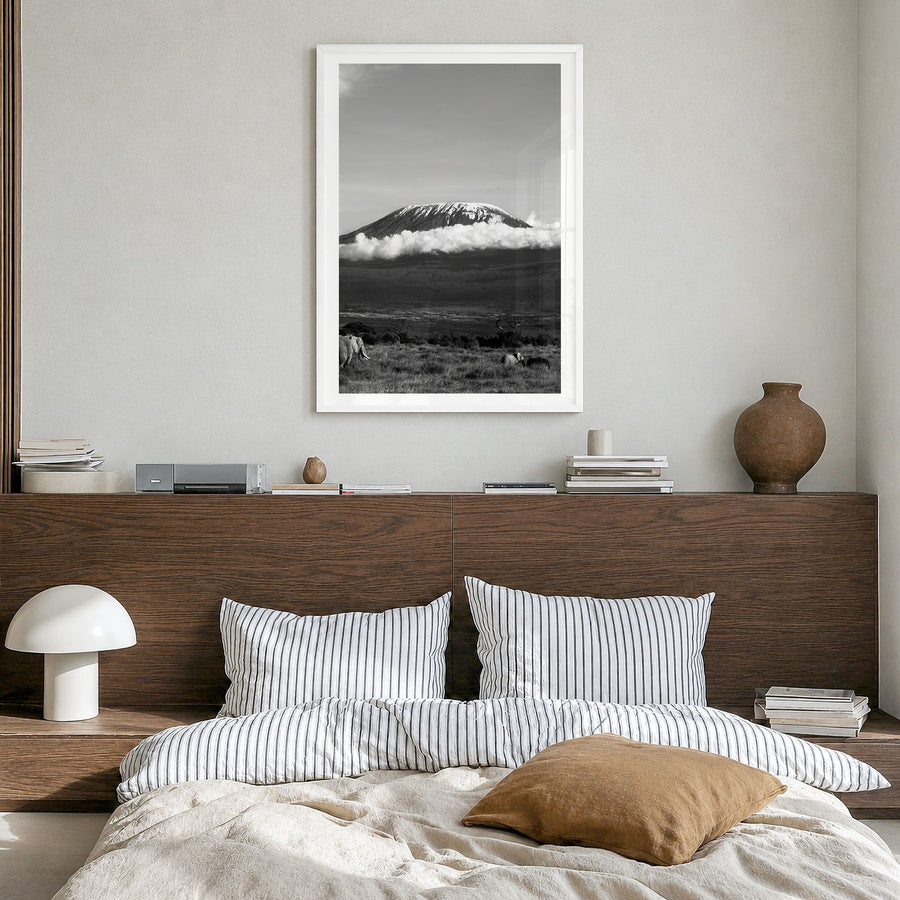 Mount Kilimanjaro Photo Poster in a white wood frame, hanging in a bedroom, white border
