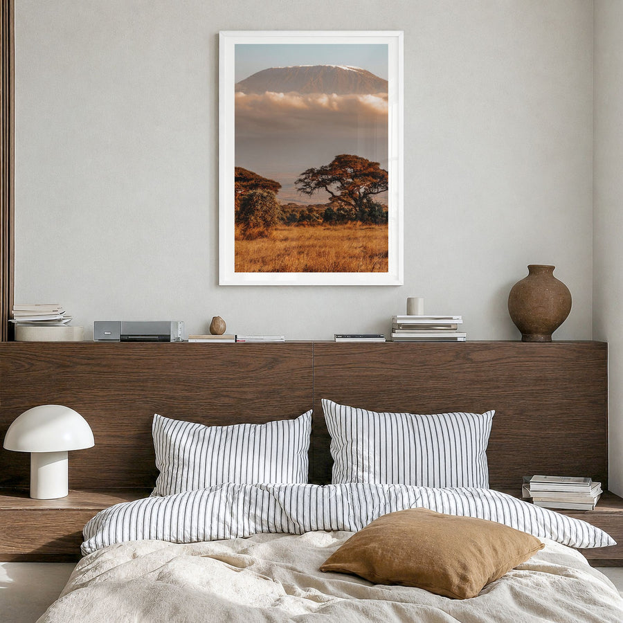 Mount Kilimanjaro Photo No 1 Poster in a white wood frame, hanging in a bedroom, white border