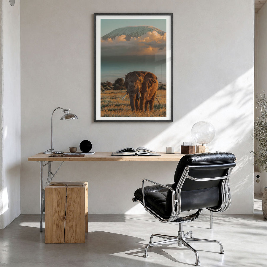 Mount Kilimanjaro Photo No 2 Poster in a black wood frame, hanging in a bright home office, white border