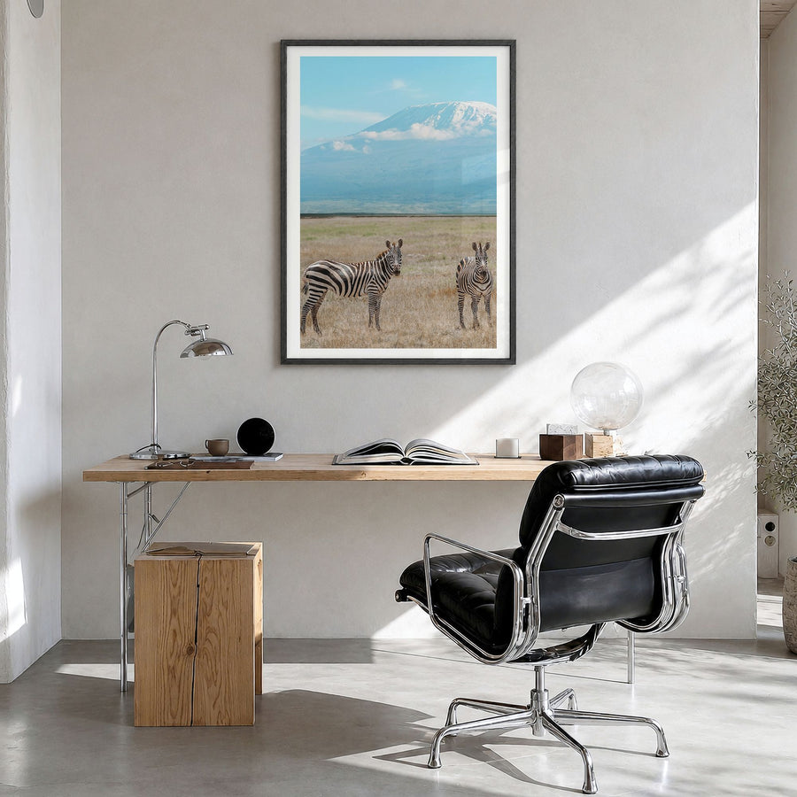 Mount Kilimanjaro Photo No 3 Poster in a black wood frame, hanging in a bright home office, white border