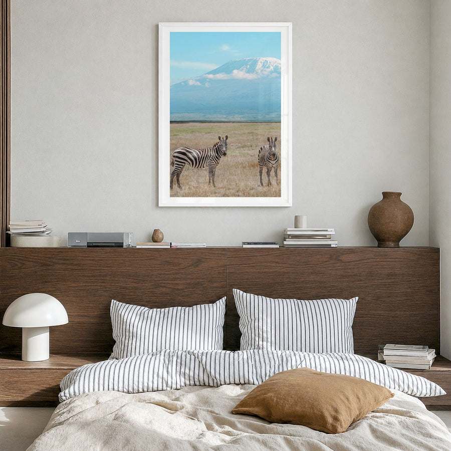 Mount Kilimanjaro Photo No 3 Poster in a white wood frame, hanging in a bedroom, white border