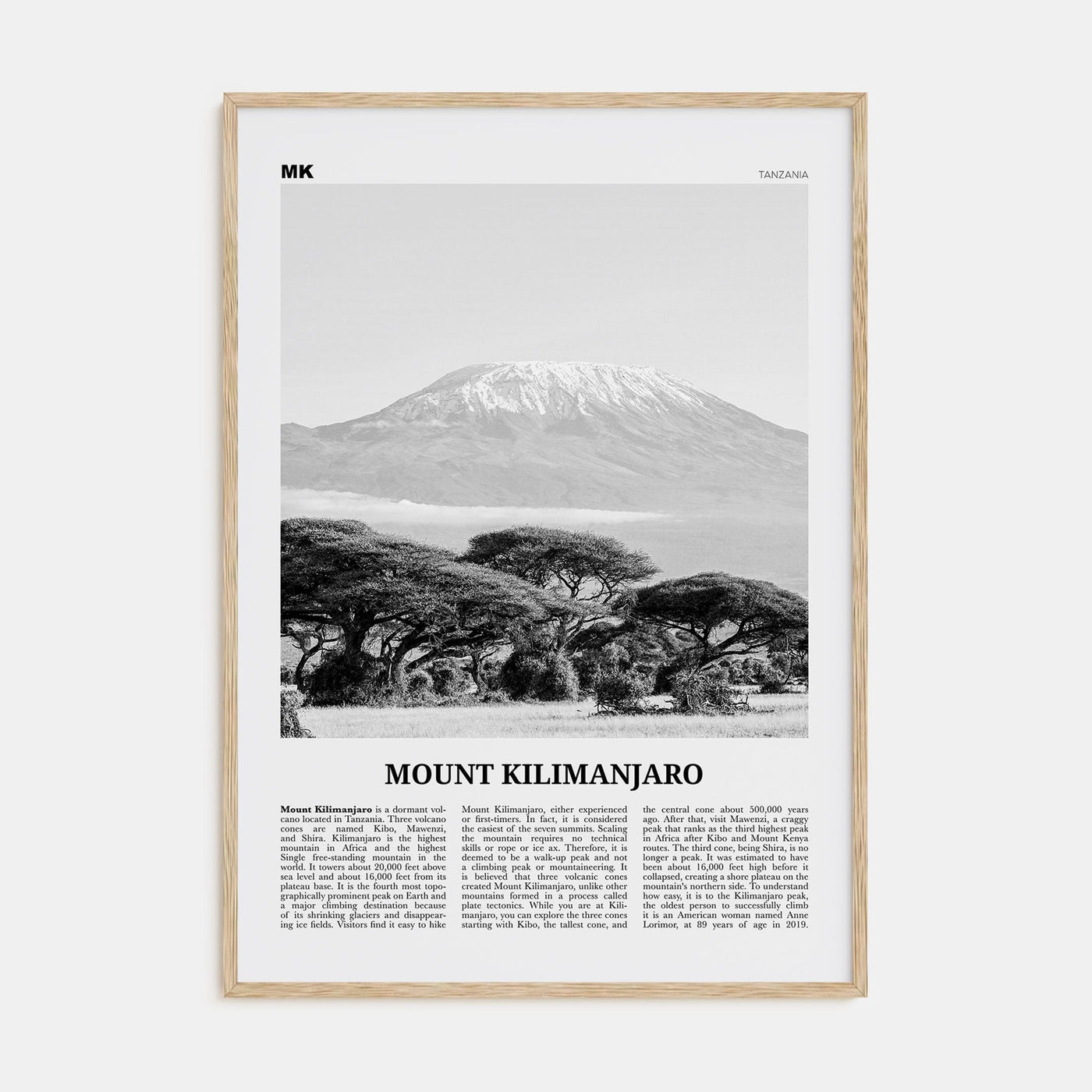 Mount Kilimanjaro Poster Natural Wood / 8x12 in Nbourhood Travel B&W Poster