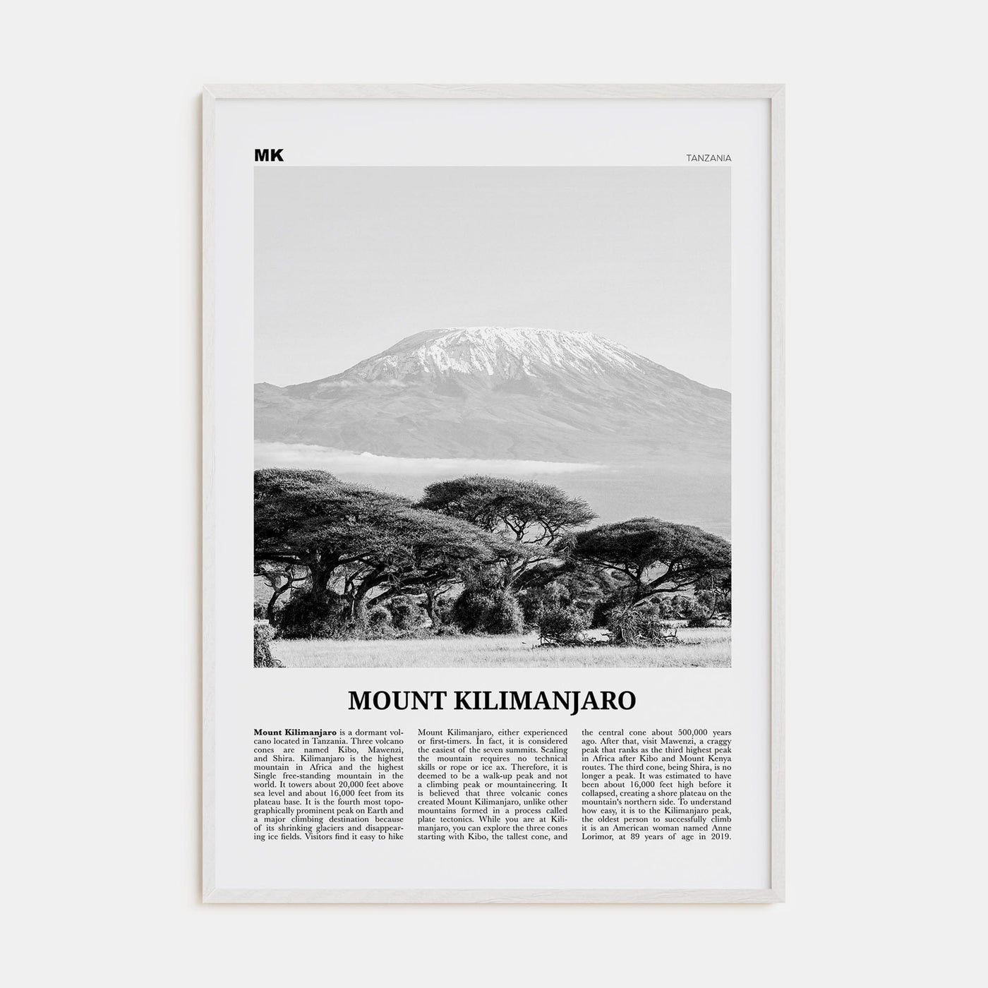 Mount Kilimanjaro Poster White Wood / 8x12 in Nbourhood Travel B&W Poster