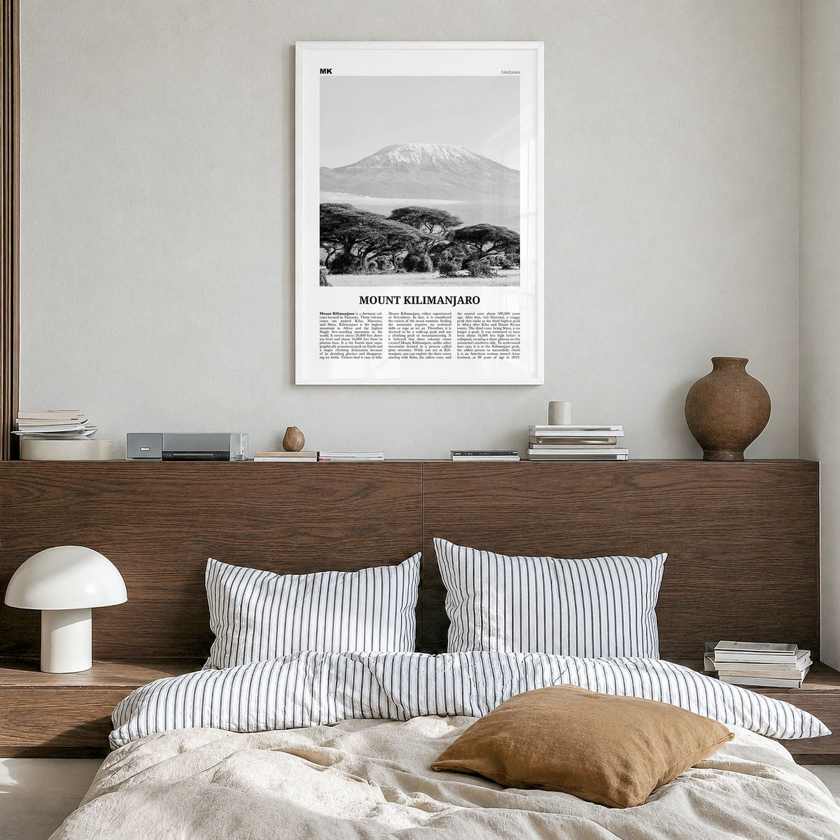Mount Kilimanjaro Newspaper Poster in a white wood frame, hanging in a bedroom
