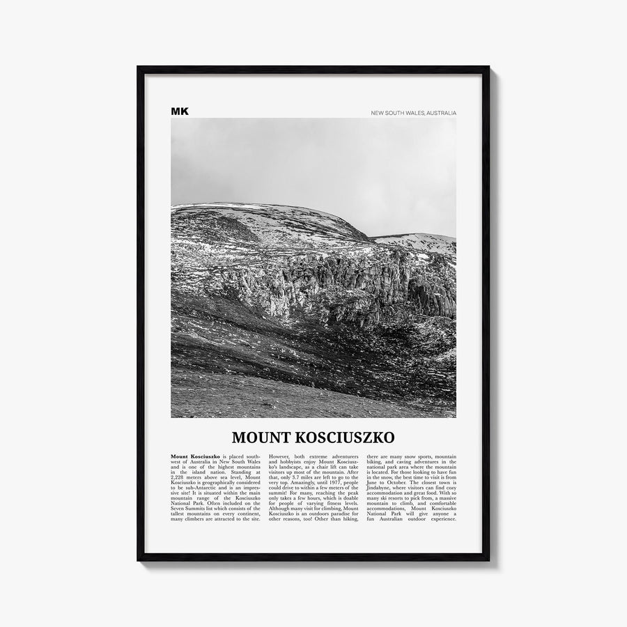 Mount Kosciuszko black & white newspaper poster of New South Wales, Australia – vertical wall art, unframed print shown in in