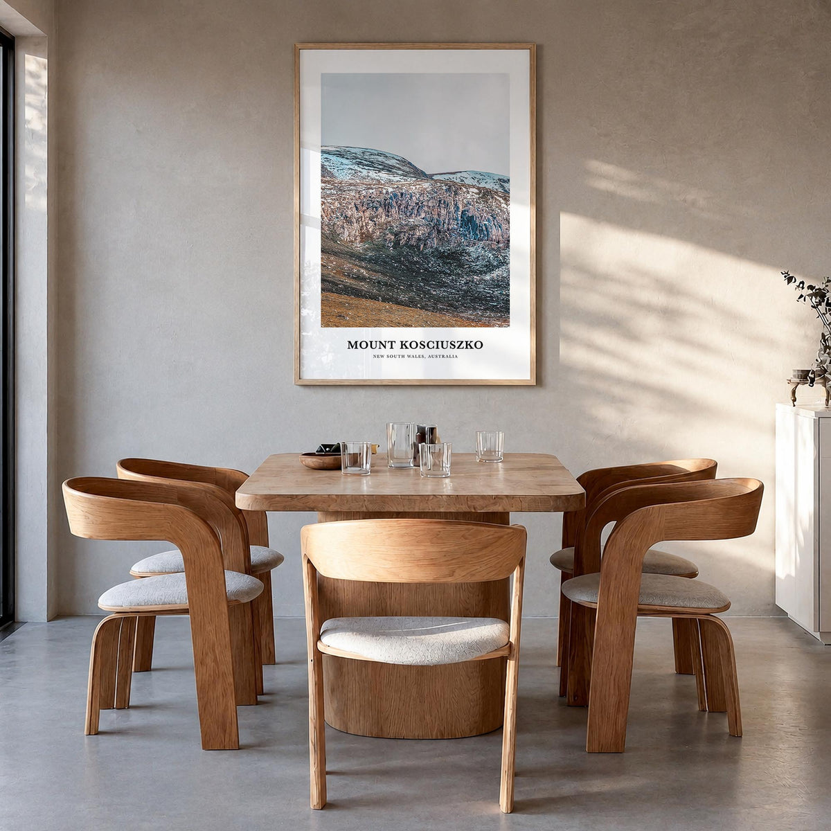 Mount Kosciuszko colorful classic poster of New South Wales, Australia – vertical wall art in natural wood frame, hanging on 