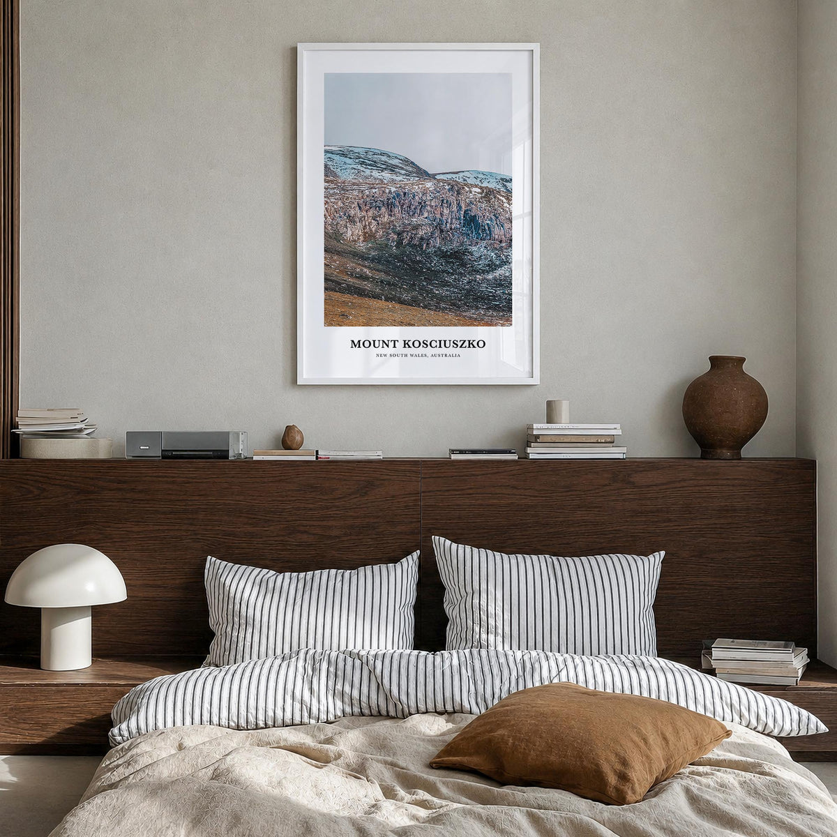 Mount Kosciuszko colorful classic poster of New South Wales, Australia – vertical wall art in white wood frame, hanging on wa