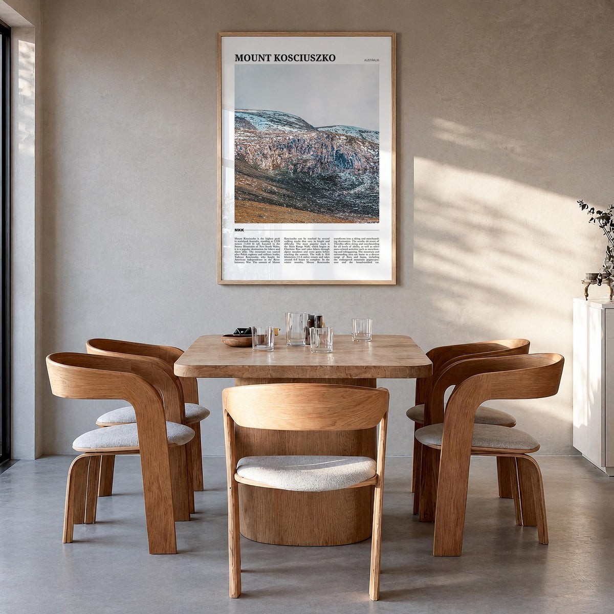 Mount Kosciuszko colorful travel poster of New South Wales, Australia – vertical wall art in natural wood frame, hanging on w