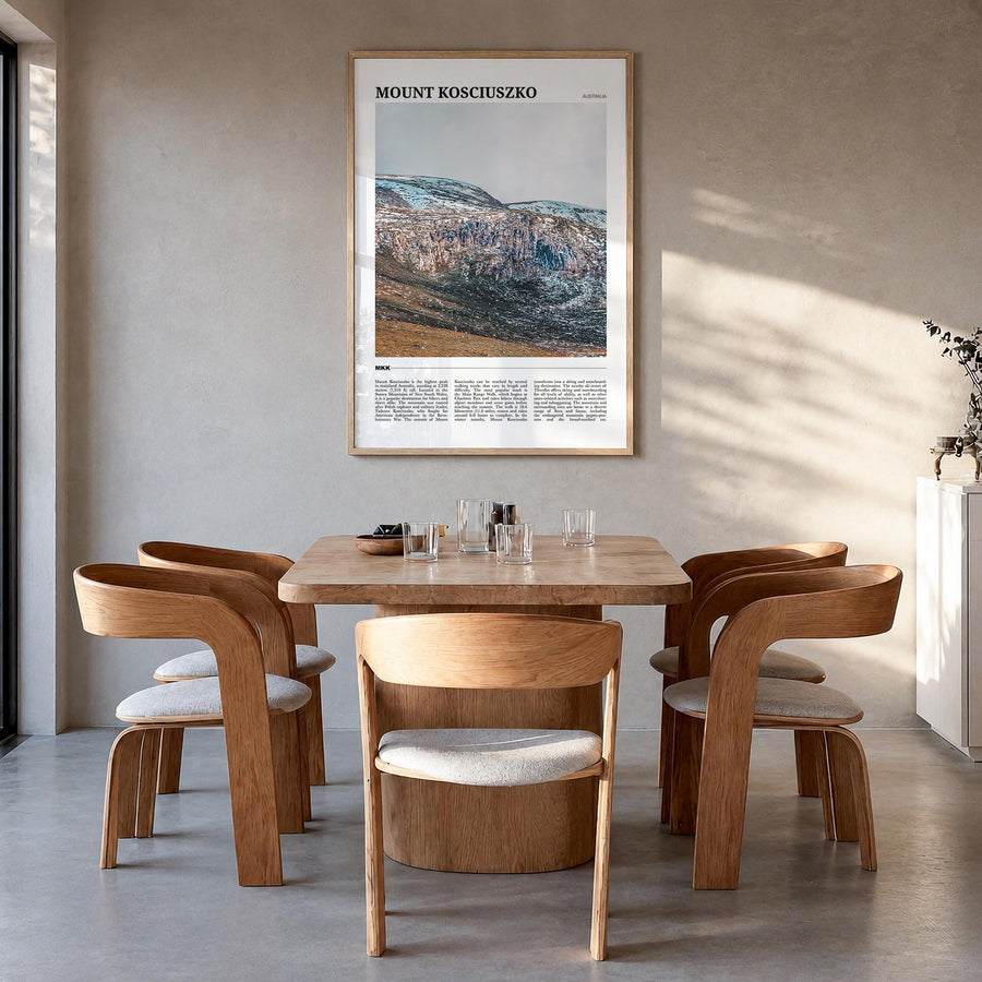 Mount Kosciuszko colorful travel poster of New South Wales, Australia – vertical wall art in natural wood frame, hanging on w