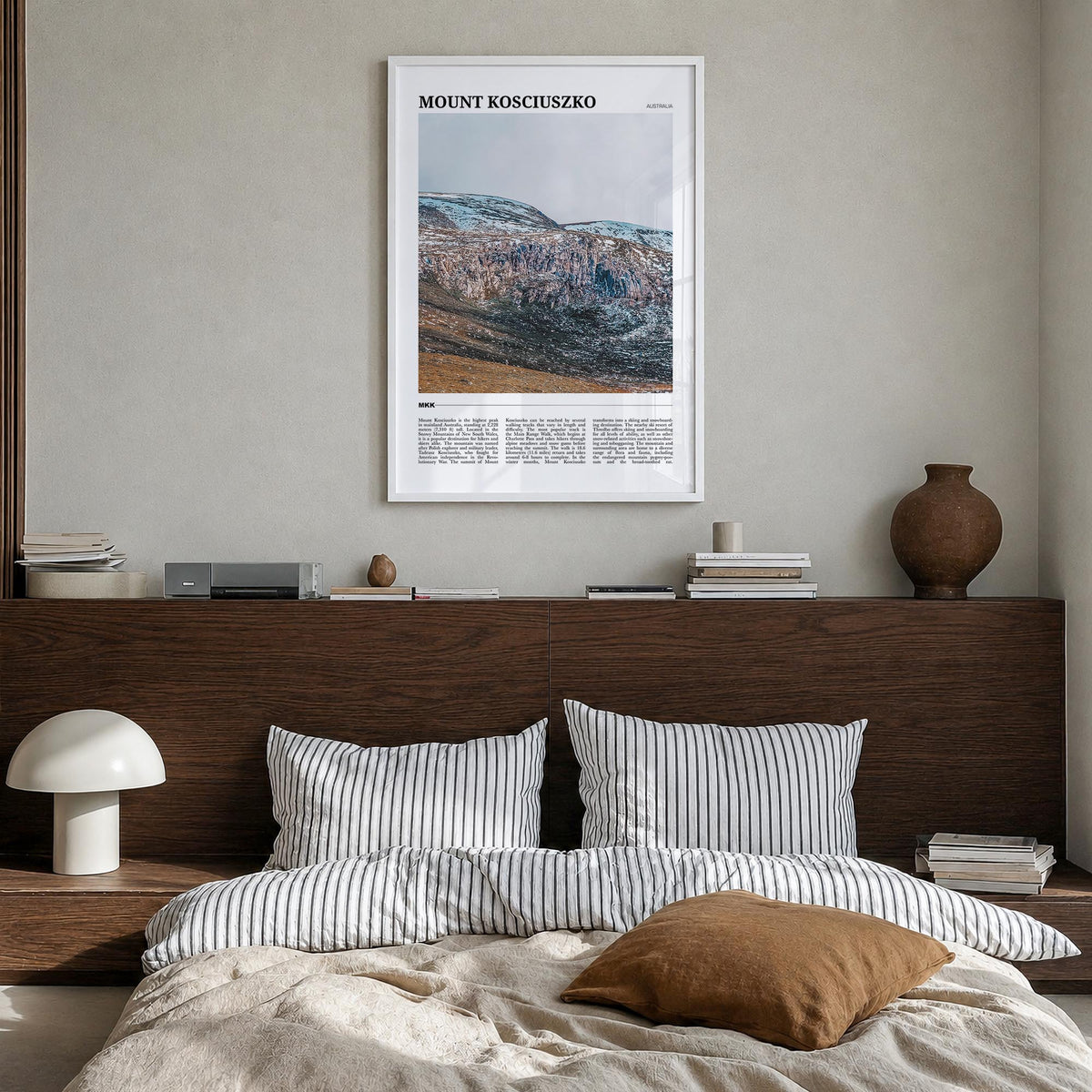 Mount Kosciuszko colorful travel poster of New South Wales, Australia – vertical wall art in white wood frame, hanging on wal