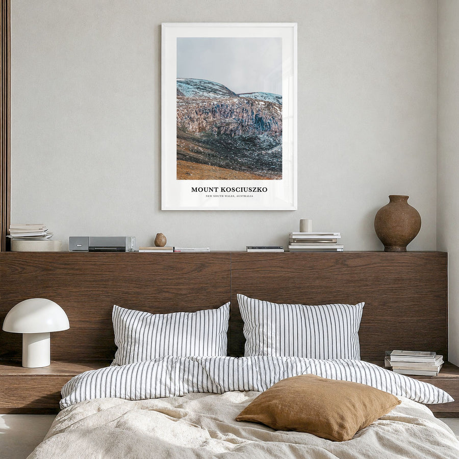 Mount Kosciuszko Classic Poster in a white wood frame, hanging in a bedroom