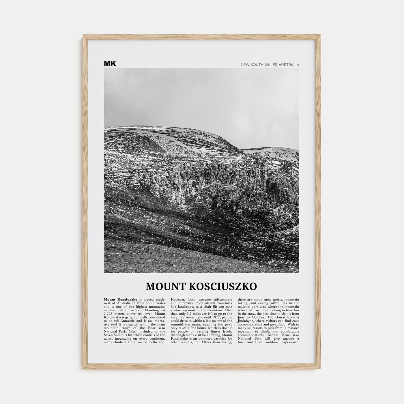 Mount Kosciuszko Poster Natural Wood / 8x12 in Nbourhood Travel B&W Poster