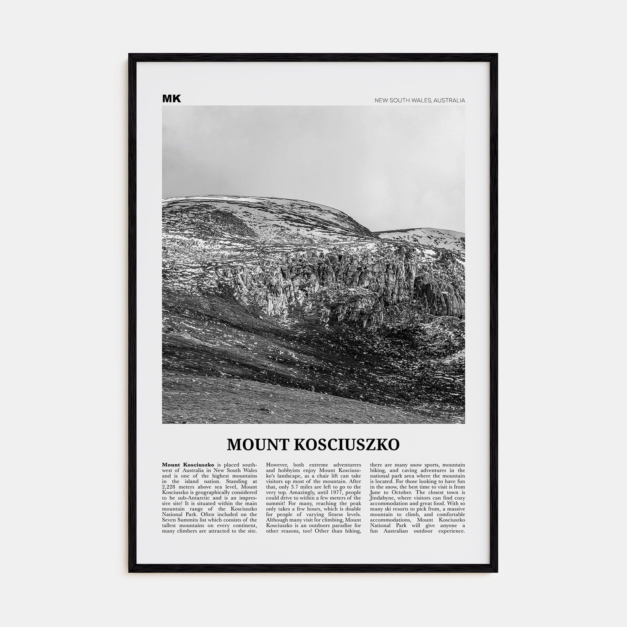 Mount Kosciuszko Poster Black Wood / 8x12 in Nbourhood Travel B&W Poster