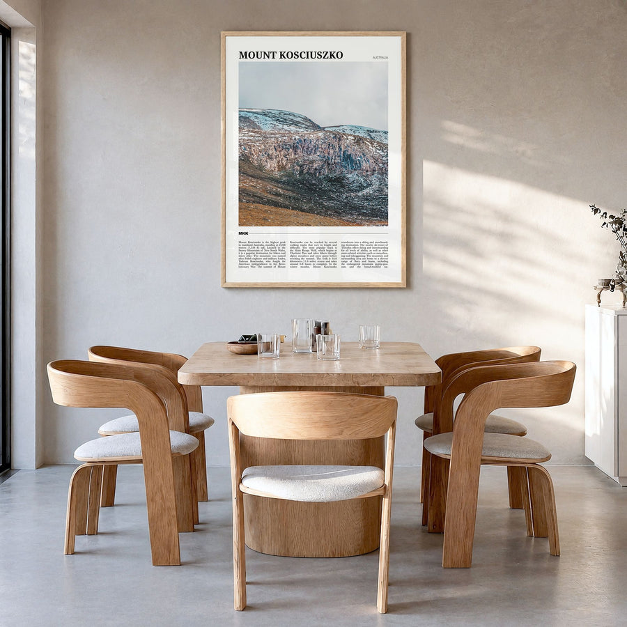 Mount Kosciuszko Travel Poster in a natural wood frame, hanging in a dining room