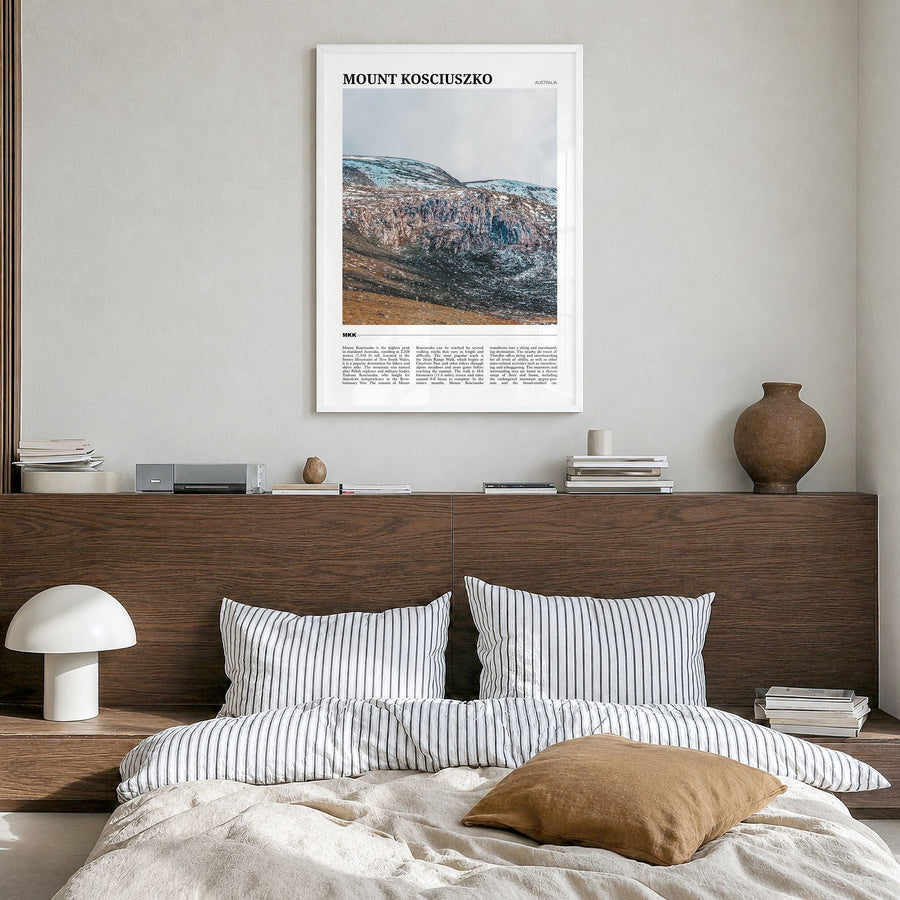 Mount Kosciuszko Travel Poster in a white wood frame, hanging in a bedroom