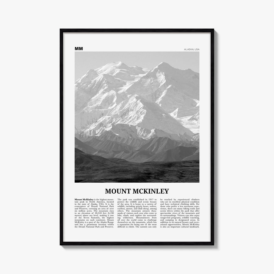 Denali no. 2 black & white newspaper poster of Alaska, USA – vertical wall art, unframed print shown in interior mockup